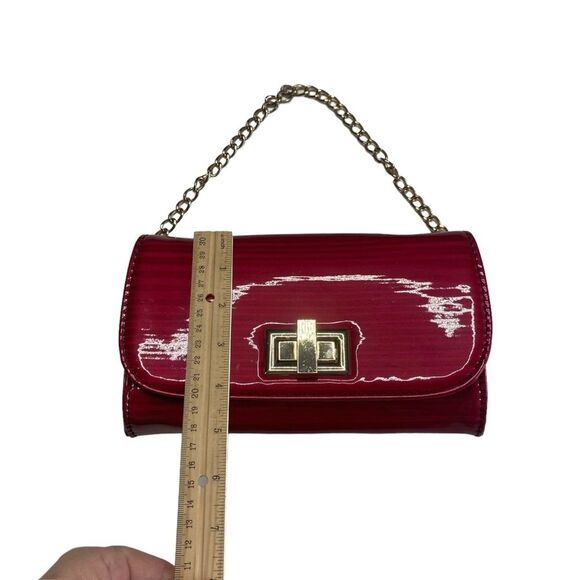 Small Red Patent Leather Clutch Handbag Bag Gold Chain Strap Polka Dot Lining - Picture 8 of 12